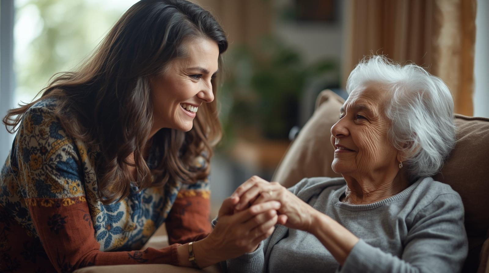 Adult daughter providing compassionate care support to aging parent at home